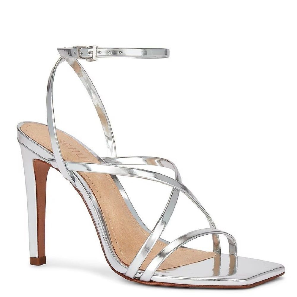 Schutz Revolve Heeled Sandal 6.5 Strappy Stiletto Wedding Metallic Silver Bari